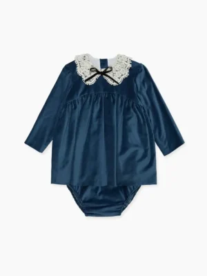 La Coqueta View All | Dresses & Sets^Blue Antonella Velvet Baby Girl Set