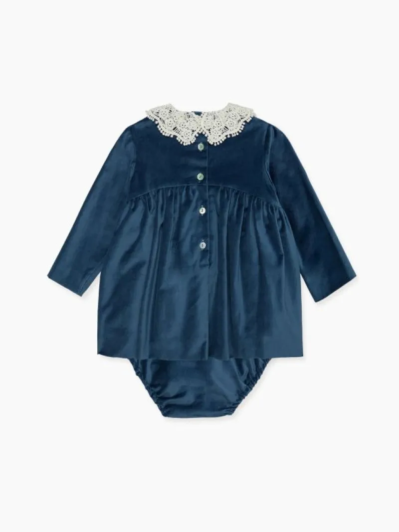 La Coqueta View All | Dresses & Sets^Blue Antonella Velvet Baby Girl Set