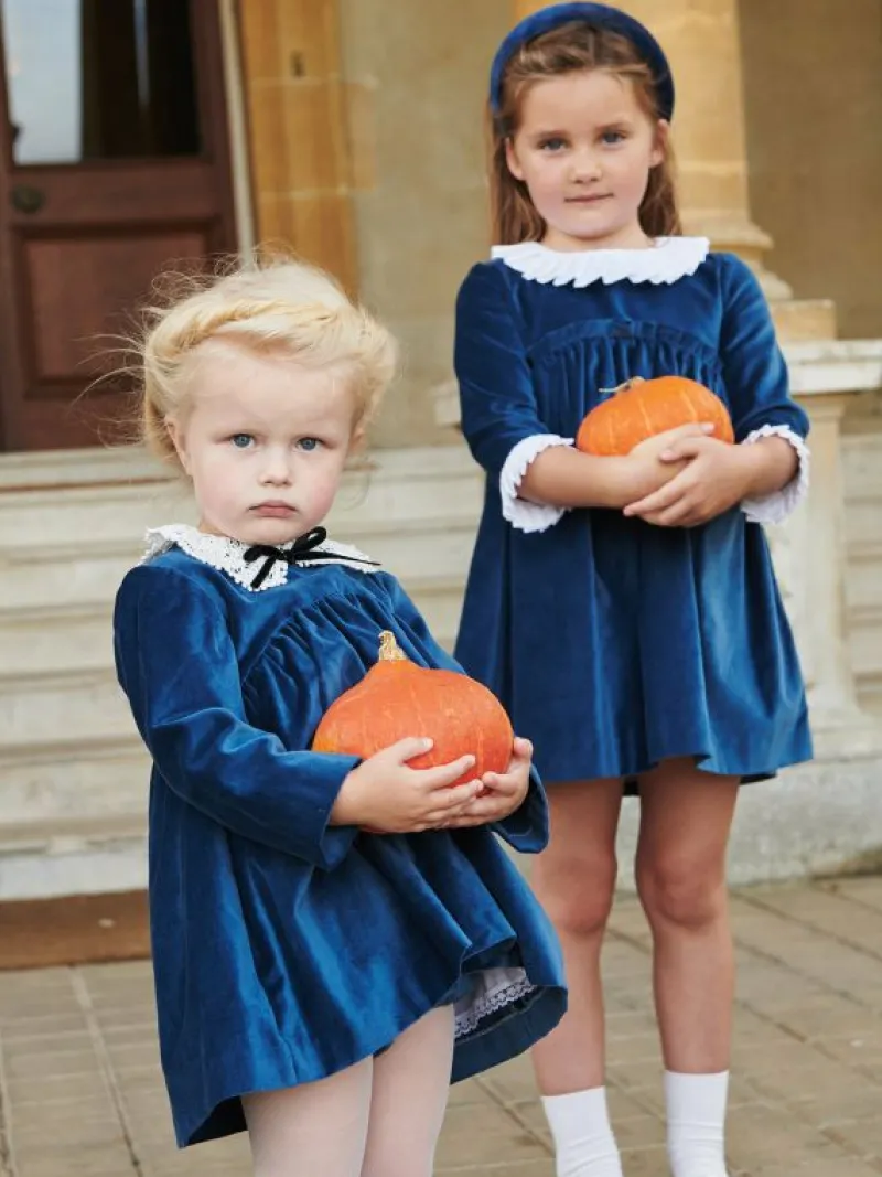 La Coqueta View All | Dresses & Sets^Blue Antonella Velvet Baby Girl Set