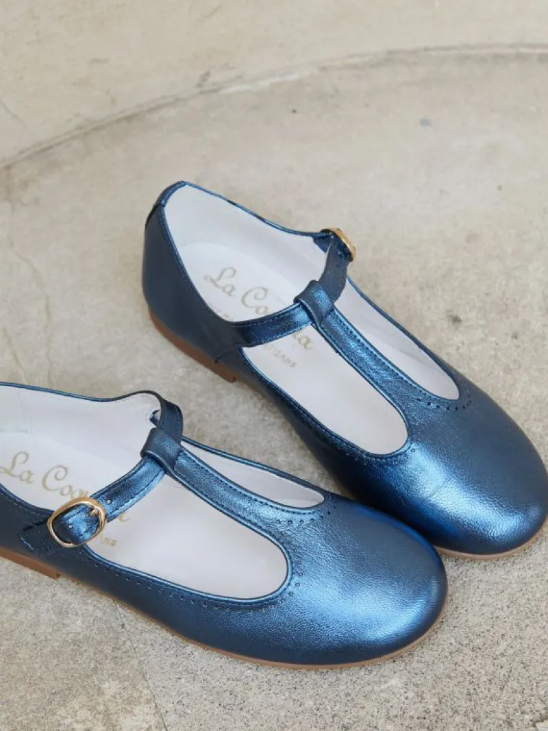 La Coqueta First Walker Shoes | Baby & Toddler Shoes/First Walker Shoes^Blue Metallic Leather Girl T-Bar Shoes