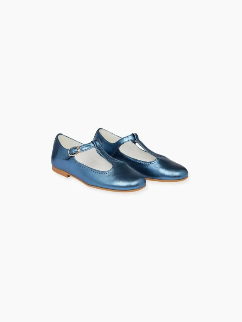 La Coqueta First Walker Shoes | Baby & Toddler Shoes/First Walker Shoes^Blue Metallic Leather Girl T-Bar Shoes