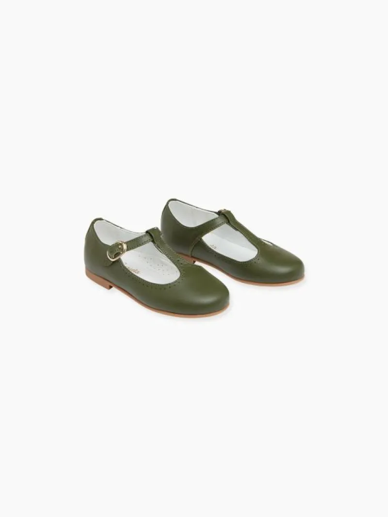La Coqueta First Walker Shoes | Baby & Toddler Shoes/First Walker Shoes^Bottle Green Leather Girl T-Bar Shoes