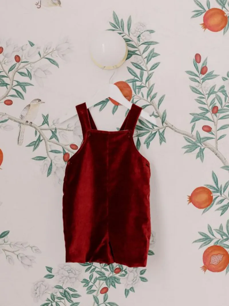La Coqueta View All | Playsuits, Rompers & Overalls^Burgundy Buganvilla Velvet Baby Overalls