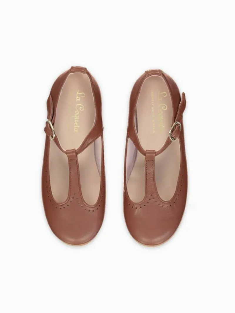 La Coqueta First Walker Shoes | Baby & Toddler Shoes/First Walker Shoes^Dark Tan Leather Girl T-Bar Shoes