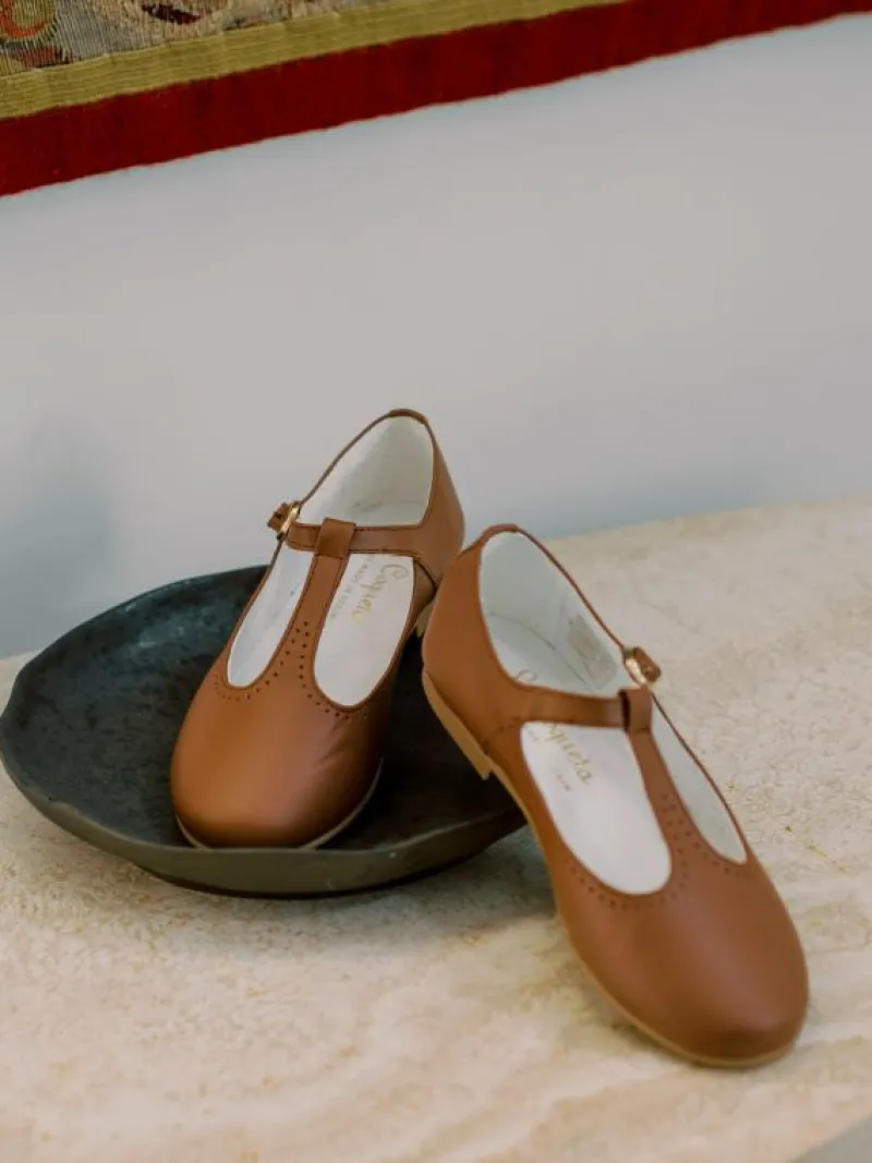 La Coqueta First Walker Shoes | Baby & Toddler Shoes/First Walker Shoes^Dark Tan Leather Girl T-Bar Shoes