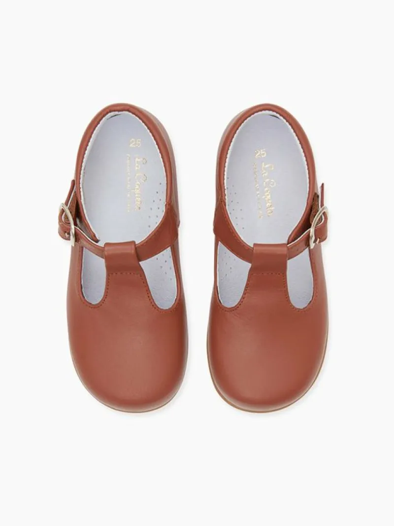 La Coqueta Boys Shoes/Boys Shoes | First Walker Shoes^Dark Tan Leather Toddler T-Bar Shoes
