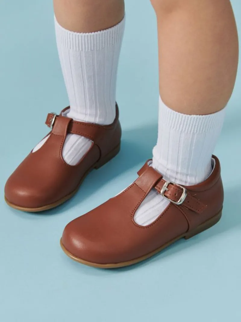 La Coqueta Boys Shoes/Boys Shoes | First Walker Shoes^Dark Tan Leather Toddler T-Bar Shoes