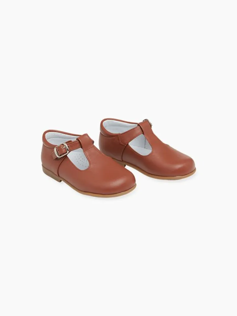 La Coqueta Boys Shoes/Boys Shoes | First Walker Shoes^Dark Tan Leather Toddler T-Bar Shoes