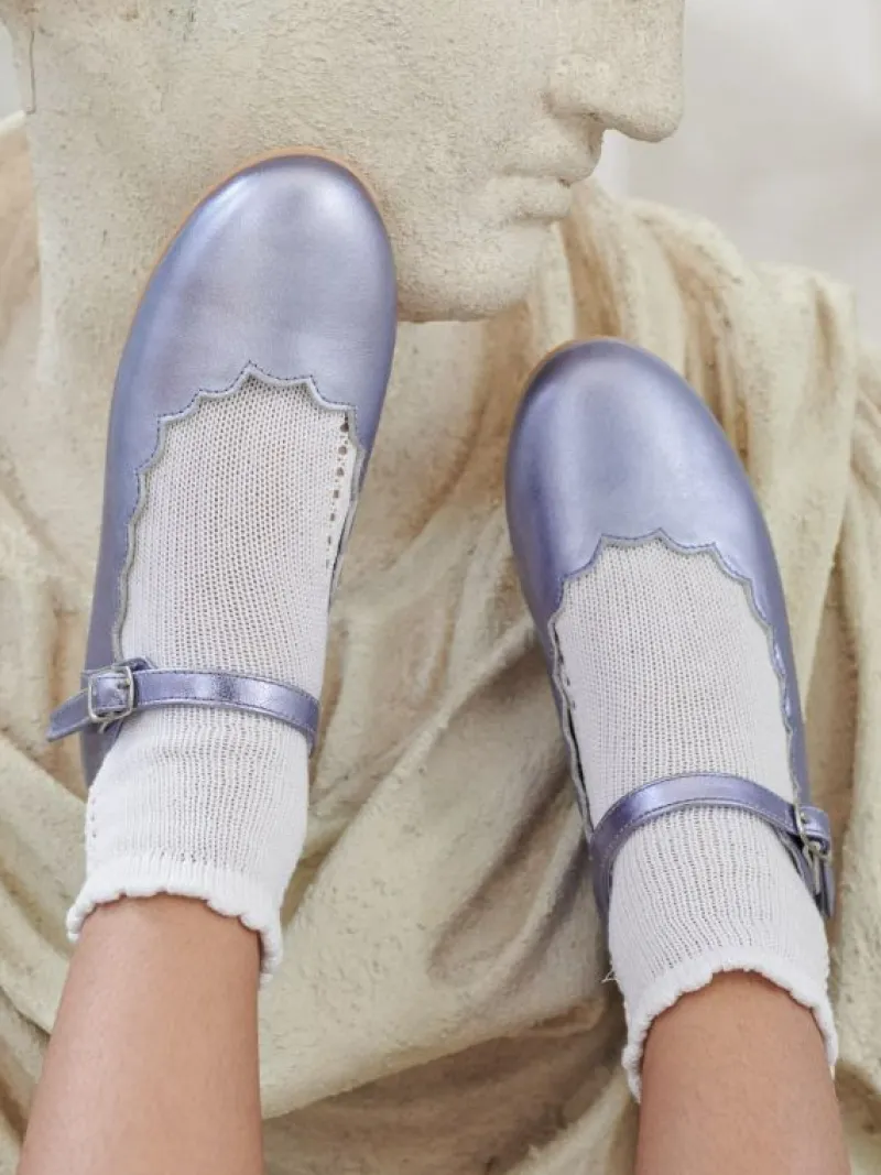 La Coqueta First Walker Shoes | Baby & Toddler Shoes/First Walker Shoes^Metallic Lilac Leather Girl Scallop Mary Jane Shoes