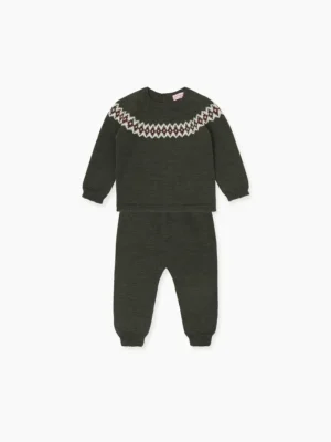 La Coqueta View All | Knitted Clothes & Accessories^Olive Green Merino Fair Isle Knitted Baby Set