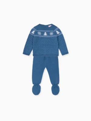 La Coqueta View All | Knitted Clothes & Accessories^Petrol Blue Vincente Merino Christmas Baby Knitted Set