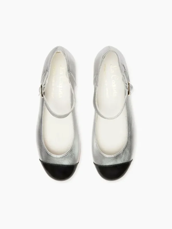 La Coqueta Girls Mary Jane Shoes | Girls Shoes/Girls Mary Jane Shoes^Silver Leather Girl Contrast Ballerina Shoes