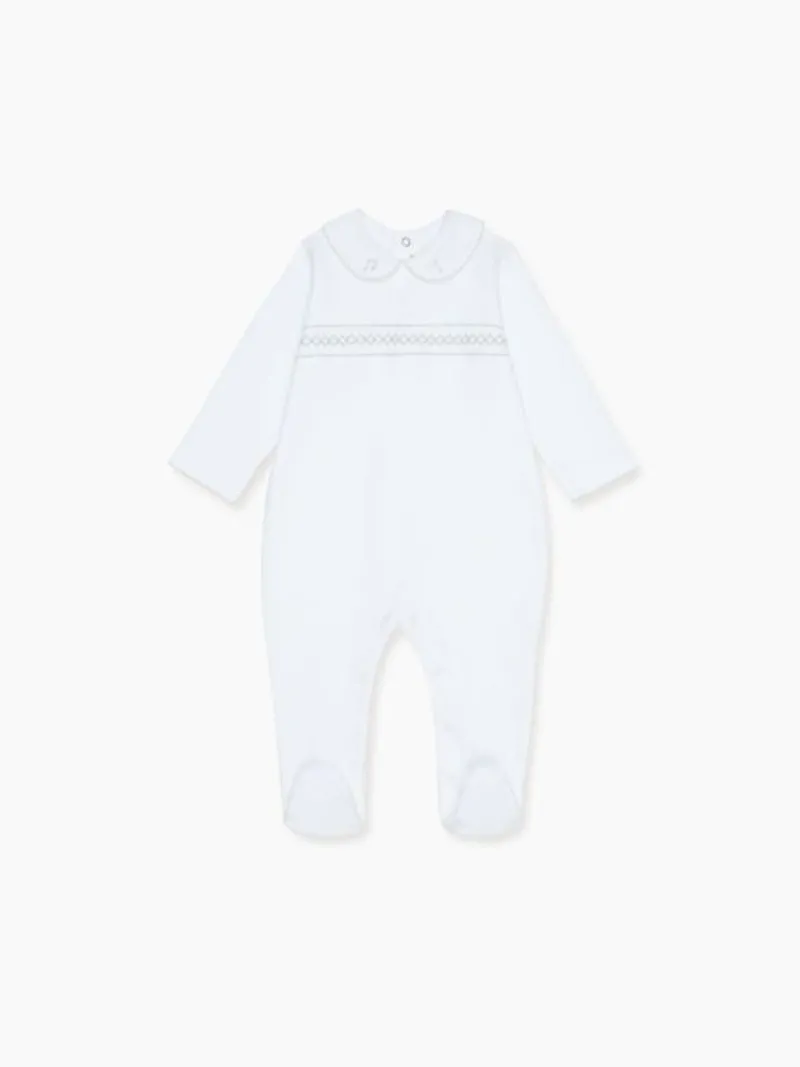 La Coqueta View All | Sleepsuits & Bodysuits^White Dali Baby Smock Sleepsuit