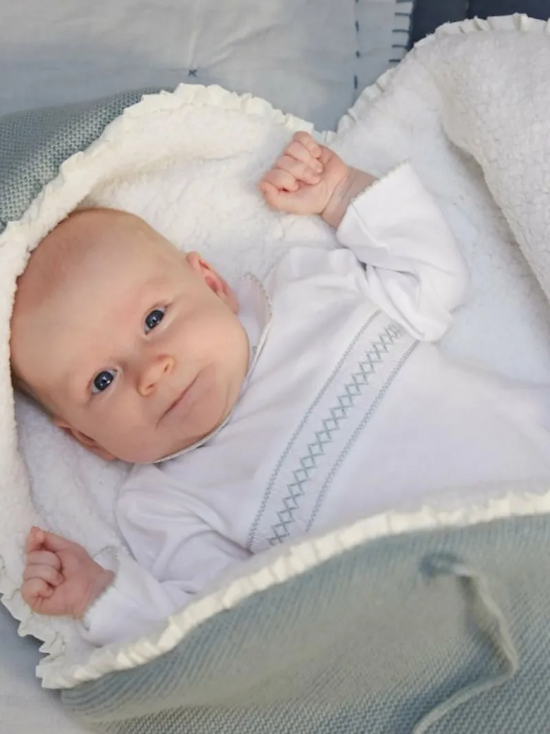 La Coqueta View All | Sleepsuits & Bodysuits^White Dali Baby Smock Sleepsuit