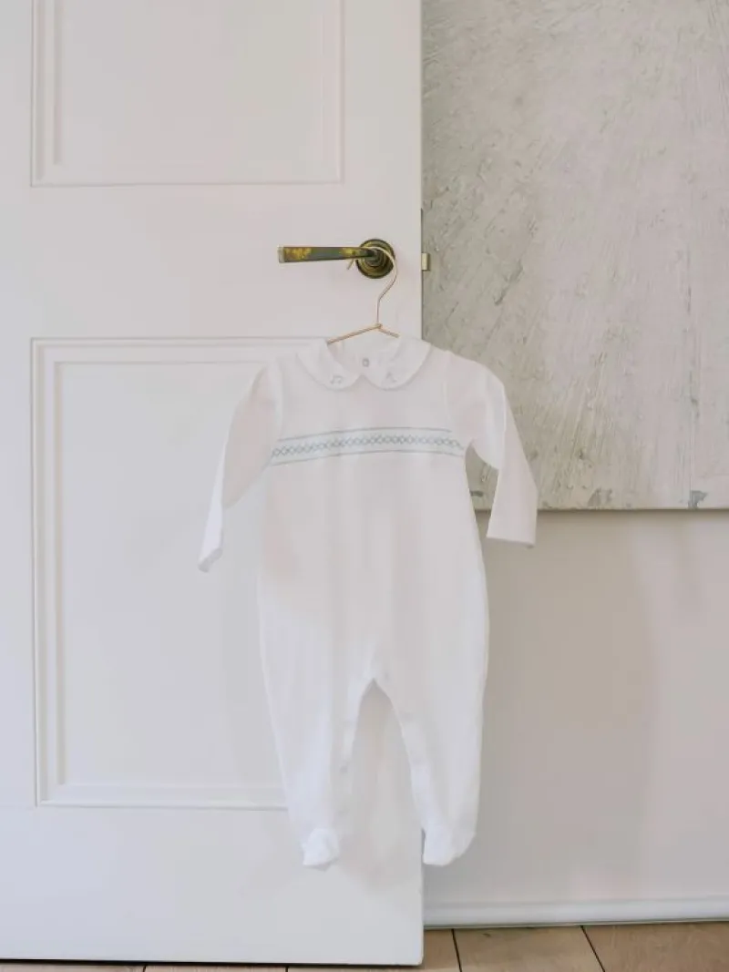 La Coqueta View All | Sleepsuits & Bodysuits^White Dali Baby Smock Sleepsuit
