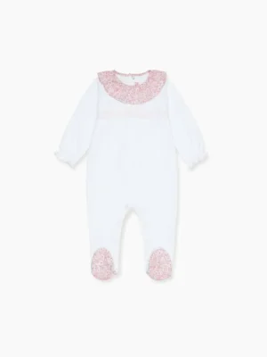 La Coqueta View All | Sleepsuits & Bodysuits^White Flora Baby Girl Smock Sleepsuit
